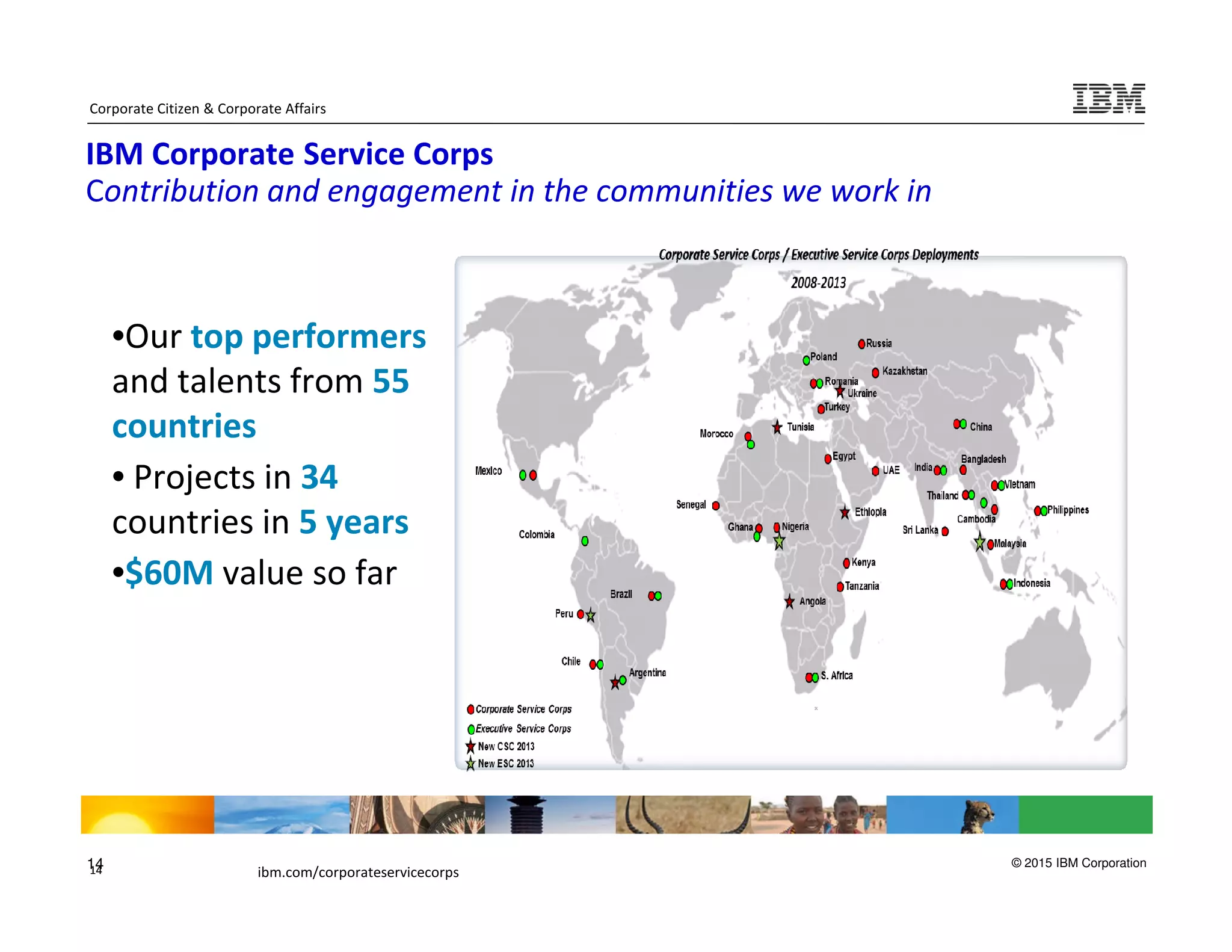 © 2015 IBM Corporation141414
IBM Corporate Service Corps
Contribution and engagement in the communities we work in
•Our top performers
and talents from 55
countries
• Projects in 34
countries in 5 years
•$60M value so far
Corporate Citizen & Corporate Affairs
ibm.com/corporateservicecorps
 