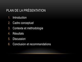 PLAN DE LA PRÉSENTATION
1. Introduction
2. Cadre conceptuel
3. Contexte et méthodologie
4. Résultats
5. Discussion
6. Conc...