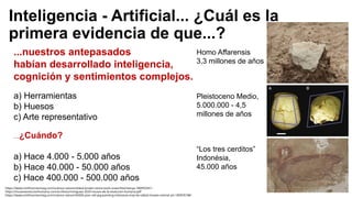 Inteligencia - Artificial... ¿Cuál es la
primera evidencia de que...?
...nuestros antepasados
habían desarrollado inteligencia,
cognición y sentimientos complejos.
a) Herramientas
b) Huesos
c) Arte representativo
...¿Cuándo?
a) Hace 4.000 - 5.000 años
b) Hace 40.000 - 50.000 años
c) Hace 400.000 - 500.000 años
https://www.smithsonianmag.com/science-nature/oldest-known-stone-tools-unearthed-kenya-180955341/
https://museoevolucionhumana.com/archivos/miniguias-2020-museo-de-la-evolucion-humana.pdf
https://www.smithsonianmag.com/science-nature/45000-year-old-pig-painting-indonesia-may-be-oldest-known-animal-art-180976748/
Homo Affarensis
3,3 millones de años
Pleistoceno Medio,
5.000.000 - 4,5
millones de años
“Los tres cerditos”
Indonésia,
45.000 años
 