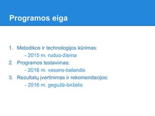 1. Metodikos ir technologijos kūrimas:
- 2015 m. ruduo-žiema
2. Programos testavimas:
- 2016 m. vasaris-balandis
3. Rezultatų įvertinimas ir rekomendacijos:
- 2016 m. gegužė-birželis
Programos eiga
 
