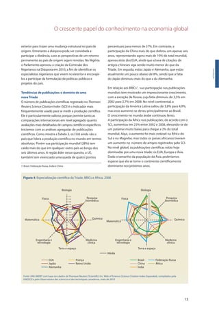 O crescente papel do conhecimento na economia global
13
exterior para trazer uma mudança estrutural no país de
origem. Entretanto a diáspora pode ser convidada a
participar a distância, caso as perspectivas de um retorno
permanente ao país de origem sejam remotas. Na Nigéria,
o Parlamento aprovou a criação da Comissão dos
Nigerianos na Diáspora em 2010, a fim de identificar os
especialistas nigerianos que vivem no exterior e encorajá-
los a participar da formulação de políticas públicas e
projetos do país.
Tendências de publicações: o domínio de uma
novaTríade
O número de publicações científicas registrado no Thomson
Reuters Science Citation Index (SCI) é o indicador mais
frequentemente usado para se medir a produção científica.
Ele é particularmente valioso porque permite tanto as
comparações internacionais em nível agregado quanto
avaliações mais detalhadas de campos científicos específicos.
Iniciemos com as análises agregadas de publicações
científicas. Como mostra a Tabela 3, os EUA ainda são o
país que lidera a produção científica no mundo em termos
absolutos. Porém sua participação mundial (28%) tem
caído mais do que em qualquer outro país ao longo dos
seis últimos anos. A região líder nesse quesito, a UE,
também tem vivenciado uma queda de quatro pontos
Introdução
Figura 4: Especialização científica da Tríade, BRICs e África, 2008
Biologia
Pesquisa
biomédica
Física
Medicina
clínica
Engenharia e
tecnologia
Terra e espaço
QuímicaMatemática
Biologia
Pesquisa
biomédica
Física
Medicina
clínica
Engenharia e
tecnologia
Terra e espaço
Química
Matemática
Média
EUA
Japão
Alemanha
França
Reino Unido
Brasil
China
Índia
Federação Russa
África
-0.25
-0.20
-0.15
-0.10
-0.05
0.00
0.05
0.10
0.15
-0.7
-0.6
-0.5
-0.4
-0.3
-0.2
-0.1
0.0
0.1
0.2
0.3
0.4
0.5
7. Brasil, Federação Russa, Índia e China
Fonte: UNU-MERIT com base nos dados da Thomson Reuters (Scientific) Inc. Web of Science (Science Citation Index Expanded), compilados pela
UNESCO e pelo Observatoire des sciences et des techniques canadense, maio de 2010
percentuais para menos de 37%. Em contraste, a
participação da China mais do que dobrou em apenas seis
anos, representando agora mais de 10% do total mundial,
apenas atrás dos EUA, ainda que a taxa de citações de
artigos chineses siga sendo muito menor do que da
Tríade. Em seguida, estão Japão e Alemanha, que estão
atualmente um pouco abaixo de 8%, sendo que a fatia
do Japão diminuiu mais do que a da Alemanha.
Em relação aos BRICs7
, sua participação nas publicações
mundiais tem mostrado um impressionante crescimento,
com a exceção da Rússia, cuja fatia diminuiu de 3,5% em
2002 para 2,7% em 2008. No nível continental, a
participação da América Latina saltou de 3,8% para 4,9%,
mas esse aumento se deveu principalmente ao Brasil.
O crescimento no mundo árabe continuou lento.
A participação da África nas publicações, de acordo com o
SCI, aumentou em 25% entre 2002 e 2008, elevando-se de
um patamar muito baixo para chegar a 2% do total
mundial. Aqui, o aumento foi mais notável na África do
Sul e no Magrebe, mas todos os países africanos tiveram
um aumento no número de artigos registrados pelo SCI.
No nível global, as publicações científicas estão hoje
dominadas por uma nova tríade: os EUA, Europa e Ásia.
Dado o tamanho da população da Ásia, poderíamos
esperar que ela se torne o continente cientificamente
dominante nos próximos anos.
 