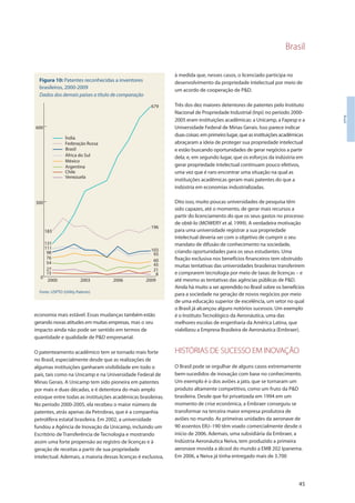 Brasil
45
Brasil
à medida que, nesses casos, o licenciado participa no
desenvolvimento da propriedade intelectual por meio de
um acordo de cooperação de P&D.
Três dos dez maiores detentores de patentes pelo Instituto
Nacional de Propriedade Industrial (Inpi) no período 2000-
2005 eram instituições acadêmicas: a Unicamp, a Fapesp e a
Universidade Federal de Minas Gerais. Isso parece indicar
duas coisas: em primeiro lugar, que as instituições acadêmicas
abraçaram a ideia de proteger sua propriedade intelectual
e estão buscando oportunidades de gerar negócios a partir
dela; e, em segundo lugar, que os esforços da indústria em
gerar propriedade intelectual continuam pouco efetivos,
uma vez que é raro encontrar uma situação na qual as
instituições acadêmicas geram mais patentes do que a
indústria em economias industrializadas.
Dito isso, muito poucas universidades de pesquisa têm
sido capazes, até o momento, de gerar mais recursos a
partir do licenciamento do que os seus gastos no processo
de obtê-lo (MOWERY et al. 1999). A verdadeira motivação
para uma universidade registrar a sua propriedade
intelectual deveria ser com o objetivo de cumprir o seu
mandato de difusão de conhecimento na sociedade,
criando oportunidades para os seus estudantes. Uma
fixação exclusiva nos benefícios financeiros tem obstruído
muitas tentativas das universidades brasileiras transferirem
e comprarem tecnologia por meio de taxas de licenças – e
até mesmo as tentativas das agências públicas de P&D.
Ainda há muito a ser aprendido no Brasil sobre os benefícios
para a sociedade na geração de novos negócios por meio
de uma educação superior de excelência, um setor no qual
o Brasil já alcançou alguns notórios sucessos. Um exemplo
é o Instituto Tecnológico da Aeronáutica, uma das
melhores escolas de engenharia da América Latina, que
viabilizou a Empresa Brasileira de Aeronáutica (Embraer).
HISTÓRIAS DE SUCESSO EM INOVAÇÃO
O Brasil pode se orgulhar de alguns casos extremamente
bem-sucedidos de inovação com base no conhecimento.
Um exemplo é o dos aviões a jato, que se tornaram um
produto altamente competitivo, como um fruto da P&D
brasileira. Desde que foi privatizada em 1994 em um
momento de crise econômica, a Embraer conseguiu se
transformar na terceira maior empresa produtora de
aviões no mundo. As primeiras unidades da aeronave de
90 assentos ERJ–190 têm voado comercialmente desde o
início de 2006. Ademais, uma subsidiária da Embraer, a
Indústria Aeronáutica Neiva, tem produzido a primeira
aeronave movida a álcool do mundo a EMB 202 Ipanema.
Em 2006, a Neiva já tinha entregado mais de 3.700
0
300
600
2000 2003 2006 2009
Chile
Federação Russa
Índia
África do Sul
Brasil
México
Argentina
Venezuela
27
15
54
76
98
111
131
183
8
21
45
60
93
103
196
679
Figura 10: Patentes reconhecidas a inventores
brasileiros, 2000-2009
Dados dos demais países a título de comparação
Fonte: USPTO (Utility Patents)
economia mais estável. Essas mudanças também estão
gerando novas atitudes em muitas empresas, mas o seu
impacto ainda não pode ser sentido em termos de
quantidade e qualidade de P&D empresarial.
O patenteamento acadêmico tem se tornado mais forte
no Brasil, especialmente desde que as realizações de
algumas instituições ganharam visibilidade em todo o
país, tais como na Unicamp e na Universidade Federal de
Minas Gerais. A Unicamp tem sido pioneira em patentes
por mais e duas décadas, e é detentora do mais amplo
estoque entre todas as instituições acadêmicas brasileiras.
No período 2000-2005, ela recebeu o maior número de
patentes, atrás apenas da Petrobras, que é a companhia
petrolífera estatal brasileira. Em 2002, a universidade
fundou a Agência de Inovação da Unicamp, incluindo um
Escritório de Transferência de Tecnologia e mostrando
assim uma forte propensão ao registro de licenças e à
geração de receitas a partir de sua propriedade
intelectual. Ademais, a maioria dessas licenças é exclusiva,
 