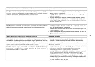 - 14 - 
ÁMBITO PRIORITARIO: EDUCACIÓN POSBÁSICA Y TERCIARIA Ejemplos de indicadores 
Meta 2: Aumentar en un x% el paso a una educación de calidad en el segundo ciclo de la 
enseñanza secundaria y su finalización, consiguiendo que todos los egresados obtengan 
resultados del aprendizaje pertinentes basados en normas nacionales. 
 Tasa neta de escolarización (TNE) en la educación secundaria alta, por sexo y por 
lugar de residencia, urbano o rural 
 Tasa de finalización de la educación secundaria alta, por sexo y por lugar de 
residencia, urbano o rural 
 Porcentaje de alumnos de educación secundaria alta, por sexo y por lugar de 
residencia, urbano o rural, que llegan por lo menos a los niveles de referencia 
mínimos de aprendizaje establecidos a nivel nacional para el último grado de la 
educación secundaria alta 
Meta 3: Ampliar los sistemas de educación terciaria para que los educandos cualificados 
puedan cursar y finalizar estudios que proporcionen un certificado, diploma o título. 
 Tasa de transición de la educación secundaria alta a la educación terciaria, por 
sexo y por lugar de residencia, urbano o rural 
 Tasa bruta de escolarización (TBE) en la educación terciaria, por sexo y por lugar 
de residencia, urbano o rural 
 Número de alumnos de educación terciara por 10.000 habitantes, por sexo y por 
lugar de residencia, urbano o rural 
ÁMBITO PRIORITARIO: ALFABETIZACIÓN DE JÓVENES Y ADULTOS Ejemplos de indicadores 
Meta 4: Lograr que todos los jóvenes y adultos adquieran la capacidad de leer, escribir y 
calcular y otras competencias básicas con el grado de dominio necesario para participar 
plenamente en una sociedad determinada y para el aprendizaje ulterior. 
 Porcentaje de jóvenes (de 15 a 24 años) y adultos que demuestran haber 
alcanzado el nivel de competencias requerido en materia de alfabetismo y 
aritmética, por sexo y por lugar de residencia, urbano o rural 
ÁMBITO PRIORITARIO: COMPETENCIAS PARA EL TRABAJO Y LA VIDA Ejemplos de indicadores 
Meta 5: Aumentar en un x% la proporción de jóvenes (de entre 15 y 24 años) dotados de 
conocimientos y competencias de carácter profesional y técnico pertinentes y 
reconocidos, para acceder a un trabajo digno. 
 Tasa de participación de los jóvenes (de 15 a 24 años) en programas formales y 
no formales de desarrollo de competencias profesionales, técnicas y 
vocacionales, por sexo y por lugar de residencia, urbano o rural 
 Porcentaje de jóvenes con cualificaciones reconocidas de enseñanza y formación 
técnica y profesional, por sexo y por lugar de residencia, urbano o rural 
 Tasa de empleo según nivel de instrucción y sexo: personas empleadas de 
edades comprendidas entre los 15 y los 24 años y entre los 25 y 64 años en cada 
nivel de la Clasificación Internacional Normalizada de la Educación (CINE) como 
proporción de la población de edades comprendidas entre los 
15 y los 24 años y entre los 25 y 64 años 
 