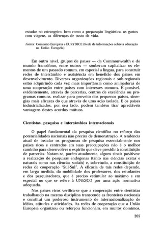 estudar no estrangeiro, bem como a preparação lingüística, os gastos
com viagens, as diferenças de custo de vida.
Fontes: Comissão Européia e EURYDICE (Rede de informações sobre a educação
na União Européia).

Em outro nível, grupos de países — da Commonwealth e do
mundo francófono, entre outros — souberam capitalizar os elementos de um passado comum, em especial a língua, para construir
redes de intercâmbio e assistência em benefício dos países em
desenvolvimento. Diversas organizações regionais e sub-regionais
estão adquirindo cada vez mais importância como animadoras de
uma cooperação entre países com interesses comuns. É possível,
evidentemente, através de parcerias, centros de excelência ou programas comuns, realizar para proveito dos pequenos países, sinergias mais eficazes do que através de uma ação isolada. E os países
industrializados, por seu lado, podem também tirar apreciáveis
vantagens destes acordos mútuos.
Cientistas, pesquisa e intercâmbios internacionais
O papel fundamental da pesquisa científica no reforço das
potencialidades nacionais não precisa de demonstração. A tendência
atual de instalar os programas de pesquisa essencialmente nos
países ricos e centrados em suas preocupações não é o melhor
caminho para desenvolver o espírito que deve presidir à constituição
de parcerias. Notam-se, porém atualmente, alguns sinais positivos:
a realização de pesquisas endógenas (tanto nas ciências exatas e
naturais como nas ciências sociais) e, sobretudo, a constituição de
redes de cooperação “Sul-Sul”. A eficácia de tais redes depende,
em larga medida, da mobilidade dos professores, dos estudantes
e dos pesquisadores, que é preciso estimular ao máximo e em
especial no que se refere à UNESCO por uma ação normativa
adequada.
Nos países ricos verifica-se que a cooperação entre cientistas
trabalhando na mesma disciplina transcende as fronteiras nacionais
e constitui um poderoso instrumento de internacionalização de
idéias, atitudes e atividades. As redes de cooperação que a União
Européia organizou ou reforçou funcionam, em muitos domínios,
205

 