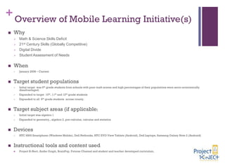 + Overview of Mobile Learning Initiative(s)


Why







When




Math & Science Skills Deficit
21st Century Skills (Globally Competitive)
Digital Divide
Student Assessment of Needs

January 2008 – Current

Target student populations



Expanded to target 10th, 11th and 12th grade students





Initial target was 9th grade students from schools with poor math scores and high percentages of their populations were socio-economically
disadvantaged.
Expanded to all 9th grade students across county.

Target subject areas (if applicable)




Initial target was algebra 1



Expanded to geometry,, algebra 2, pre-calculus, calculus and statistics

Devices




HTC 6800 Smartphone (Windows Mobile), Dell Netbooks, HTC EVO View Tablets (Android), Dell Laptops, Samsung Galaxy Note 2 (Android)

Instructional tools and content used


Project K-Nect, Andie Graph, BrainPop, Futures Channel and student and teacher developed curriculum,

 