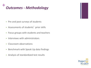 +

Outcomes - Methodology



Pre and post surveys of students



Assessments of students’ prior skills



Focus groups with students and teachers



Interviews with administrators



Classroom observations



Benchmark with Speak Up data findings



Analysis of standardized test results

 