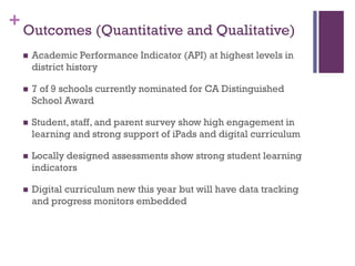 + Outcomes (Quantitative and Qualitative)


Academic Performance Indicator (API) at highest levels in
district history



7 of 9 schools currently nominated for CA Distinguished
School Award



Student, staff, and parent survey show high engagement in
learning and strong support of iPads and digital curriculum



Locally designed assessments show strong student learning
indicators



Digital curriculum new this year but will have data tracking
and progress monitors embedded

 