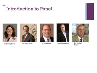 +

Introduction to Panel

Dr. Lesley Eason

Dr. Terry Grier

Dr. Tim Baird

Scott Himelstein

Dr. Michael
Corke

 