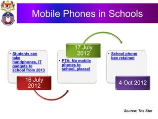 Mobile Phones in Schools
Source: The Star
• Students can
take
handphones, IT
gadgets to
school from 2013
16 July
2012
• PTA: No mobile
phones to
school, please!
17 July
2012 • School phone
ban retained
4 Oct 2012
 
