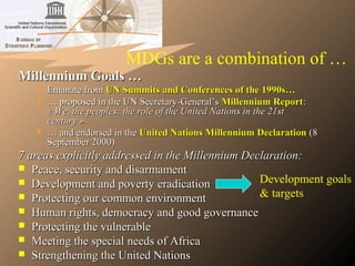MDGs are a combination of …
Millennium Goals …Millennium Goals …
 Emanate fromEmanate from UN Summits and Conferences of the 1990s…UN Summits and Conferences of the 1990s…
 …… proposed in theproposed in the UN Secretary-General’sUN Secretary-General’s Millennium ReportMillennium Report::
« We, the peoples: the role of the United Nations in the 21st « We, the peoples: the role of the United Nations in the 21st 
century »century »
 …… and endorsed in theand endorsed in the United Nations Millennium DeclarationUnited Nations Millennium Declaration (8(8
September 2000)September 2000)
7 areas explicitly addressed in the Millennium Declaration:7 areas explicitly addressed in the Millennium Declaration:
 Peace, security and disarmamentPeace, security and disarmament
 Development and poverty eradicationDevelopment and poverty eradication
 Protecting our common environmentProtecting our common environment
 Human rights, democracy and good governanceHuman rights, democracy and good governance
 Protecting the vulnerableProtecting the vulnerable
 Meeting the special needs of AfricaMeeting the special needs of Africa
 Strengthening the United NationsStrengthening the United Nations
Development goals
& targets
 