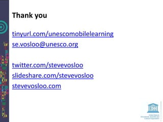 1) Create or update policies related to mobile learning

2) Train teachers to advance learning through mobile
technologies

3) Provide support and training to teachers through mobile
technologies

4) Optimize educational content for use on mobile devices

5) Ensure gender equality for mobile students

6) Expand and improve connectivity options while ensuring
equity

7) Develop strategies to provide devices for students who
cannot afford them

8) Use mobile technology to improve communication and
education management

9) Promote the safe, responsible, and healthy use of mobile
technologies

10) Raise awareness of mobile learning through advocacy,
leadership, and dialogue
 