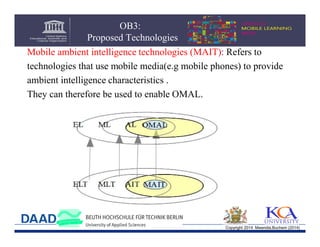 OB3:
Proposed Technologies
Mobile ambient intelligence technologies (MAIT): Refers to
technologies that use mobile media(e.g mobile phones) to provide
ambient intelligence characteristics .
They can therefore be used to enable OMAL.

Copyright 2014 Mwendia,Buchem (2014)

 