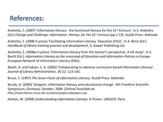 Andretta, S. (2007) ‘Information literacy: the functional literacy for the 21st
Century’. In S. Andretta
(Ed.) Change and Challenge: Information literacy for the 21st
Century (pp.1-13). Auslib Press: Adelaide.
Andretta, S. (2008 in press) ‘Facilitating Information Literacy Education (FILE)’. In A. Brine (Ed.)
Handbook of library training practice and development, 3, Gower Publishing Ltd.
Andretta, S. (2008a in press) ‘Information literacy from the learner’s perspective. A UK study’. In C.
Basilli (Ed.), Information Literacy as the crossroad of Education and Information Policies in Europe.
European Network of Information Literacy (ENIL).
Booth, A. and Fabian, C. A. (2002) ‘Collaborating to advance curriculum based Information Literacy’,
Journal of Library Administration, 36 (1): 123-142.
Bruce, C. (1997) The Seven Faces of Information Literacy. Auslib Press: Adelaide.
Bundy, A. (2004) ‘Zeitgeist: information literacy and educational change’, 4th Frankfurt Scientific
Symposium, Germany, October, 2004. [Online] Available at:
http://www.library.unisa.edu.au/about/papers/abpapers.asp
Horton, W. (2008) Understanding Information Literacy: A Primer. UNESCO: Paris.
 