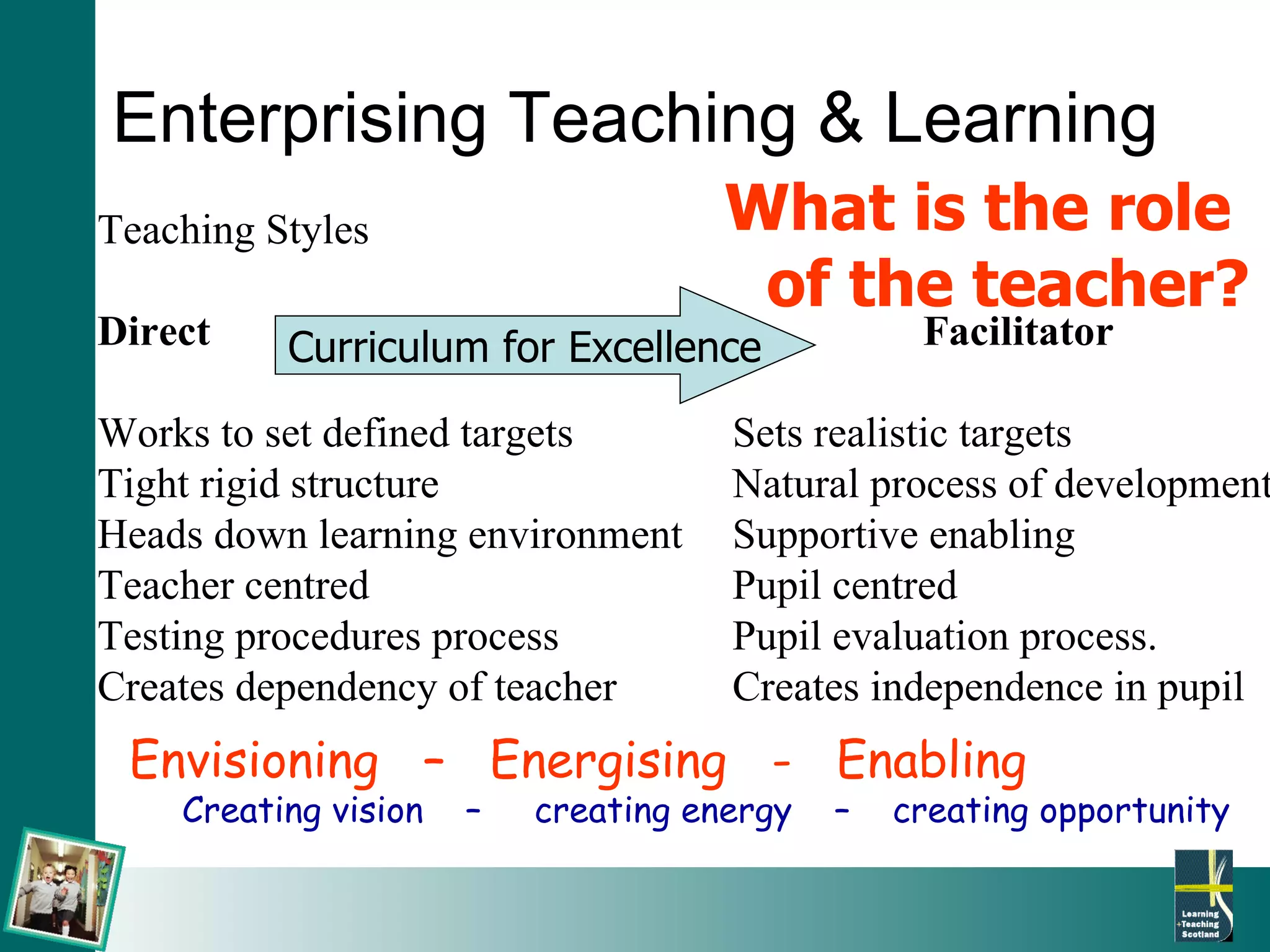 Enterprising Teaching & Learning Teaching Styles Direct    Facilitator Works to set defined targets Sets realistic targets  Tight rigid structure Natural process of development Heads down learning environment Supportive enabling  Teacher centred  Pupil centred Testing procedures process Pupil evaluation process. Creates dependency of teacher Creates independence in pupil   What is the role  of the teacher? Envisioning  –  Energising  -  Enabling Creating vision  –  creating energy  –  creating opportunity Curriculum for Excellence 
