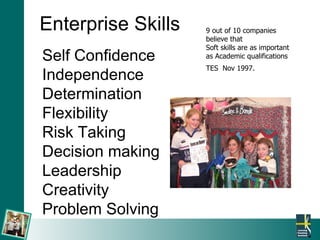 Enterprise Skills Self Confidence Independence Determination Flexibility Risk Taking Decision making Leadership Creativity Problem Solving 9 out of 10 companies believe that Soft skills are as important as Academic qualifications TES  Nov 1997.   