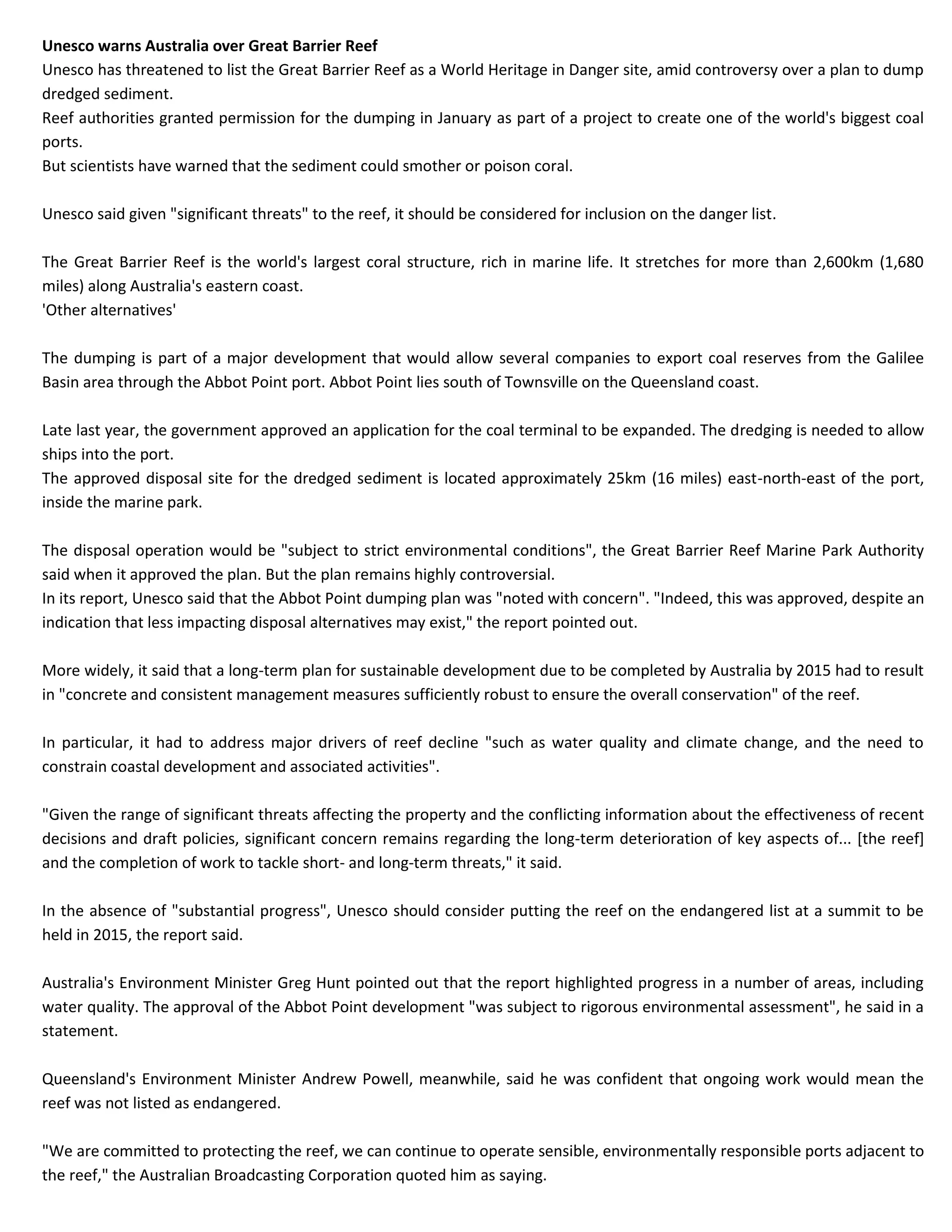 Unesco warns australia over great barrier reef | PDF
