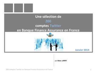 Une sélection de
200
comptes Twitter
en Banque Finance Assurance en France

Janvier 2014

par Alban JARRY

200 comptes Twitter en Banque Finance Assurance en France

1

 