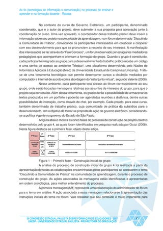 As tic (tecnologias de informação e comunicação) no processo de ensinar e
aprender e na formação docente - Relatos


             No contexto do curso de Governo Eletrônico, um participante, denominado
coordenador, que é o autor do projeto, deve submeter a sua proposta para aprovação junto à
coordenação do curso. Uma vez aprovado, o coordenador desse trabalho prático deve inserir a
informação sobre seu projeto na comunidade de aprendizagem, num fórum denominado “Discutindo
a Comunidade de Prática”, convocando os participantes interessados em colaborar e cooperar
com seu desenvolvimento para que se pronunciem a respeito de seu interesse. A manifestação
dos interessados se faz através do “Fale Conosco”, um fórum observado por estagiários mediadores
pedagógicos que acompanham e orientam a formação do grupo. Quando o grupo é constituído,
cada participante integrado ao grupo para o desenvolvimento do trabalho prático recebe um código
e uma senha de acesso ao ambiente Teleduc4, uma plataforma desenvolvida pelo Núcleo de
Informática Aplicada à Educação (Nied) da Universidade Estadual de Campinas (Unicamp). Trata-
se de uma ferramenta tecnológica que permite desenvolver cursos a distância mediados por
computador e Internet de acordo com a abordagem do “estar junto virtual”, segundo Valente (2006).
              Nesse ambiente, cada participante terá acesso ao fórum correspondente ao seu
grupo, onde serão trocadas mensagens relativas aos assuntos de interesse do grupo, para que o
projeto seja constituído. Além dessa ferramenta, os grupos terão a possibilidade de armazenar os
textos produzidos em um portfólio e poderão ser agendadas reuniões a distância, dentre outras
possibilidades de interação, como através de chat, por exemplo. Cada projeto, para esse curso,
também denominado de trabalho prático, cuja comunidade de prática dá subsídios para o
desenvolvimento, tem o objetivo de tornar-se proposta de ação de governo eletrônico, considerando-
se a política vigente no governo do Estado de São Paulo.
                A figura abaixo mostra as cinco fases do processo de construção do projeto coletivo
desenvolvido pelo grupo 4, as quais foram identificadas em pesquisa realizada por Gozzi (2006).
Nesta figura destaca-se a primeira fase, objeto deste artigo.




               Figura 1 – Primeira fase – Construção inicial do grupo
               A análise do processo de construção inicial do grupo 4 foi realizada a partir da
apresentação de todas as colaborações encaminhadas pelos participantes ao acessarem o tema
“Discutindo a Comunidade de Prática” na comunidade de aprendizagem, durante o processo de
construção do grupo. As ações associadas às mensagens estão identificadas e apresentadas
em ordem cronológica, para melhor entendimento do processo.
             A primeira mensagem (M1) representa uma colaboração do administrador do fórum
para o tema em análise. A ação associada a essa mensagem relaciona-se à apresentação das
instruções iniciais do tema no fórum. Vale ressaltar que seu conteúdo é muito importante para




     IX CONGRESSO ESTADUAL PAULISTA SOBRE FORMAÇÃO DE EDUCADORES - 2007                  7
      UNESP - UNIVERSIDADE ESTADUAL PAULISTA - PRO-REITORIA DE GRADUAÇÃO
 