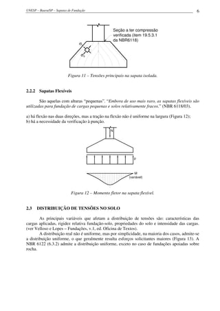 UNESP – Bauru/SP – Sapatas de Fundação 6
Seção a ter compressão
verificada (item 19.5.3.1
da NBR6118)
σI
σII
Figura 11 – Tensões principais na sapata isolada.
2.2.2 Sapatas Flexíveis
São aquelas com alturas “pequenas”. “Embora de uso mais raro, as sapatas flexíveis são
utilizadas para fundação de cargas pequenas e solos relativamente fracos.” (NBR 6118/03).
a) há flexão nas duas direções, mas a tração na flexão não é uniforme na largura (Figura 12);
b) há a necessidade da verificação à punção.
N
p
M
(variável)
Figura 12 – Momento fletor na sapata flexível.
2.3 DISTRIBUIÇÃO DE TENSÕES NO SOLO
As principais variáveis que afetam a distribuição de tensões são: características das
cargas aplicadas, rigidez relativa fundação-solo, propriedades do solo e intensidade das cargas.
(ver Velloso e Lopes – Fundações, v.1, ed. Oficina de Textos).
A distribuição real não é uniforme, mas por simplicidade, na maioria dos casos, admite-se
a distribuição uniforme, o que geralmente resulta esforços solicitantes maiores (Figura 13). A
NBR 6122 (6.3.2) admite a distribuição uniforme, exceto no caso de fundações apoiadas sobre
rocha.
 