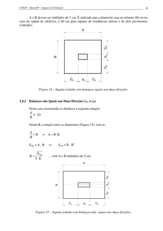 UNESP – Bauru/SP – Sapatas de Fundação 8
A e B devem ser múltiplos de 5 cm. É indicado que a dimensão seja no mínimo 80 cm no
caso de sapata de edifícios, e 60 cm para sapatas de residências térreas e de dois pavimentos
(sobrado).
B
A
bp
ap
CB
CA
CB
CA
Figura 14 – Sapata isolada com balanços iguais nas duas direções.
2.4.2 Balanços não Iguais nas Duas Direções (cA ≠≠≠≠ cB)
Neste caso recomenda-se obedecer a seguinte relação:
0,3
B
A
≤
Sendo R a relação entre as dimensões (Figura 15), tem-se:
RBAR
B
A
⋅=→=
Ssap = A . B ⇒ Ssap = R . B2
R
S
B
sap
= , com A e B múltiplos de 5 cm.
B
A
bp
ap
CB
CA CA
CB
Figura 15 – Sapata isolada com balanços não iguais nas duas direções.
 