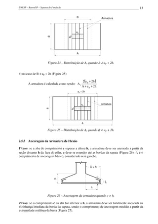 UNESP – Bauru/SP – Sapatas de Fundação 13
B Armadura
B
A
ap
bp
Figura 24 – Distribuição de As quando B ≥ ap + 2h.
b) no caso de B < ap + 2h (Figura 25):
A armadura é calculada como sendo:
( )
h2aA
h2a2
A
p
p
s
++
+
Armadura
B
A
ap
bp
+ 2hap
Figura 25 – Distribuição de As quando B < ap + 2h.
2.5.3 Ancoragem da Armadura de Flexão
1ºcaso: se a aba de comprimento c superar a altura h, a armadura deve ser ancorada a partir da
seção distante h da face do pilar, e deve se estender até as bordas da sapata (Figura 26). lb é o
comprimento de ancoragem básico, considerado sem gancho.
C > h
h
h
lb
Figura 26 – Ancoragem da armadura quando c > h.
2ºcaso: se o comprimento c da aba for inferior a h, a armadura deve ser totalmente ancorada na
vizinhança imediata da borda da sapata, sendo o comprimento de ancoragem medido a partir da
extremidade retilínea da barra (Figura 27).
 