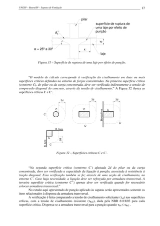 UNESP – Bauru/SP – Sapatas de Fundação 17
superfície de ruptura de
uma laje por efeito de
punção
α = 25º a 30º
d
As
x
pilar
-
laje
Figura 31 – Superfície de ruptura de uma laje por efeito de punção.
“O modelo de cálculo corresponde à verificação do cisalhamento em duas ou mais
superfícies críticas definidas no entorno de forças concentradas. Na primeira superfície crítica
(contorno C), do pilar ou da carga concentrada, deve ser verificada indiretamente a tensão de
compressão diagonal do concreto, através da tensão de cisalhamento.” A Figura 32 ilustra as
superfícies críticas C e C’.
C
C'
C
C'
C
C
C'
C'
2d 2d 2d
Bordalivre
B.livre
2d
B. livre
Figura 32 – Superfícies críticas C e C’.
“Na segunda superfície crítica (contorno C’) afastada 2d do pilar ou da carga
concentrada, deve ser verificada a capacidade da ligação à punção, associada à resistência à
tração diagonal. Essa verificação também se faz através de uma seção de cisalhamento, no
entorno C’. Caso haja necessidade, a ligação deve ser reforçada por armadura transversal. A
terceira superfície crítica (contorno C”) apenas deve ser verificada quando for necessário
colocar armadura transversal.”
No estudo aqui apresentado de punção aplicado às sapatas serão apresentados somente os
itens relacionados à dispensa da armadura transversal.
A verificação é feita comparando a tensão de cisalhamento solicitante (τsd) nas superfícies
críticas, com a tensão de cisalhamento resistente (τRd2), dada pela NBR 6118/03 para cada
superfície crítica. Dispensa-se a armadura transversal para a punção quando τSd ≤ τRd2 .
 