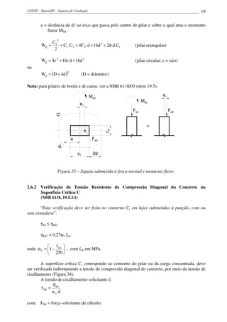 UNESP – Bauru/SP – Sapatas de Fundação 19
e = distância de dl ao eixo que passa pelo centro do pilar e sobre o qual atua o momento
fletor MSd .
1
2
221
2
1
p Cd2d16dC4CC
2
C
W π++++= (pilar retangular)
22
p d16dr16r4W ++= (pilar circular; r = raio)
ou
( )2
p d4DW += (D = diâmetro)
Nota: para pilares de borda e de canto, ver a NBR 6118/03 (item 19.5).
C'
e
e1
2dc1
c2
dl
Msd
Fsd
≡
Msd
Fsd
e1
Fsd
Figura 33 – Sapata submetida à força normal e momento fletor.
2.6.2 Verificação de Tensão Resistente de Compressão Diagonal do Concreto na
Superfície Crítica C
(NBR 6118, 19.5.3.1)
“Esta verificação deve ser feita no contorno C, em lajes submetidas à punção, com ou
sem armadura”.
τSd ≤ τRd2
τRd2 = 0,27αv fcd
onde 





−=α
250
f
1 ck
v , com fck em MPa.
A superfície crítica C, corresponde ao contorno do pilar ou da carga concentrada, deve
ser verificada indiretamente a tensão de compressão diagonal do concreto, por meio da tensão de
cisalhamento (Figura 34).
A tensão de cisalhamento solicitante é:
du
F
o
Sd
Sd =τ
com: FSd = força solicitante de cálculo;
 