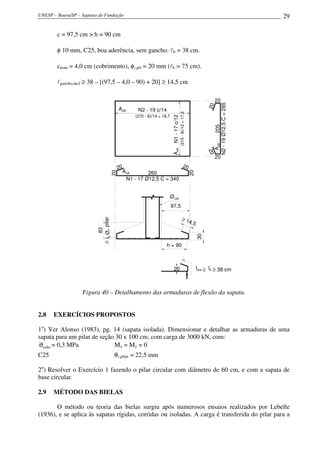UNESP – Bauru/SP – Sapatas de Fundação 29
c = 97,5 cm > h = 90 cm
φ 10 mm, C25, boa aderência, sem gancho: lb = 38 cm.
cnom = 4,0 cm (cobrimento), φl,pil = 20 mm (lb = 75 cm).
lgancho,incl ≥ 38 – [(97,5 – 4,0 – 90) + 20] ≥ 14,5 cm
30
N1-17c/12
(215-8)/12=17,2
N2 - 19 c/14
(270 - 8)/14 = 18,7
97,5
83
≥,pilarlbØl
Øl,pil
h = 90
20
N1 - 17 Ø12,5 C = 340
20
20
260
N2-19Ø12,5C=285
205
20
20
AsB
AsA
≥ 14,5
AsA
AsB
20
20
20 20
lanc ≥ ≥ 38 cmlb
Figura 40 – Detalhamento das armaduras de flexão da sapata.
2.8 EXERCÍCIOS PROPOSTOS
1o
) Ver Alonso (1983), pg. 14 (sapata isolada). Dimensionar e detalhar as armaduras de uma
sapata para um pilar de seção 30 x 100 cm, com carga de 3000 kN, com:
soloσ = 0,3 MPa Mx = My = 0
C25 θl,pilar = 22,5 mm
2o
) Resolver o Exercício 1 fazendo o pilar circular com diâmetro de 60 cm, e com a sapata de
base circular.
2.9 MÉTODO DAS BIELAS
O método ou teoria das bielas surgiu após numerosos ensaios realizados por Lebelle
(1936), e se aplica às sapatas rígidas, corridas ou isoladas. A carga é transferida do pilar para a
 
