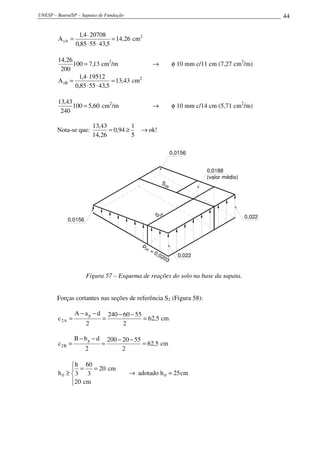 UNESP – Bauru/SP – Sapatas de Fundação 44
26,14
5,435585,0
207084,1
AsA =
⋅⋅
⋅
= cm2
13,7100
200
26,14
= cm2
/m → φ 10 mm c/11 cm (7,27 cm2
/m)
43,13
5,435585,0
195124,1
AsB =
⋅⋅
⋅
= cm2
60,5100
240
43,13
= cm2
/m → φ 10 mm c/14 cm (5,71 cm2
/m)
Nota-se que: !ok
5
1
94,0
26,14
43,13
→≥=
S2A
S2B
p2A
= 0,0203
0,022
0,022
0,0188
(valor médio)
0,0156
0,0156
Figura 57 – Esquema de reações do solo na base da sapata.
Forças cortantes nas seções de referência S2 (Figura 58):
5,62
2
5560240
2
daA
c
p
A2 =
−−
=
−−
= cm
5,62
2
5520200
2
dbB
c
p
B2 =
−−
=
−−
= cm
cm25hadotado
cm20
cm20
3
60
3
h
h 00 =→




==
≥
 