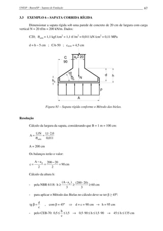 UNESP – Bauru/SP – Sapatas de Fundação 67
3.3 EXEMPLO 6 – SAPATA CORRIDA RÍGIDA
Dimensionar a sapata rígida sob uma parede de concreto de 20 cm de largura com carga
vertical N = 20 tf/m = 200 kN/m. Dados:
C20; soloσ = 1,1 kgf /cm2
= 1,1 tf /m2
= 0,011 kN /cm2
= 0,11 MPa
d = h – 5 cm ; CA-50 ; cnom = 4,5 cm
a = 20ap
A
d
β≥45º
N
h
ρ
hh0
C
90
Figura 81 – Sapata rígida conforme o Método das bielas.
Resolução
Cálculo da largura da sapata, considerando que B = 1 m = 100 cm:
011,0
0,21,1N1,1
A
solo
⋅
=
σ
=
A = 200 cm
Os balanços terão o valor:
90
2
20200
2
aA
c
p
=
−
=
−
= cm
Cálculo da altura h:
- pela NBR 6118: cm60
3
20)-(200
3
)a-(A
h
p
≥≥≥
- para aplicar o Método das Bielas no cálculo deve-se ter β ≥ 45º:
c
d
tg =β , com β = 45º ⇒ d = c = 90 cm → h = 95 cm
- pelo CEB-70: cm135h45905,1h905,05,1
c
h
5,0 ≤≤→⋅≤≤⋅→≤≤
 