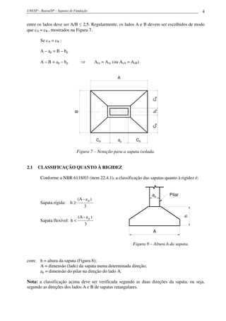 UNESP – Bauru/SP – Sapatas de Fundação 4
entre os lados deve ser A/B ≤ 2,5. Regularmente, os lados A e B devem ser escolhidos de modo
que cA ≈ cB , mostrados na Figura 7.
Se cA = cB :
A – ap = B – bp
A – B = ap – bp ⇒ Asx ≈ Asy (ou AsA ≈ AsB)
B A
bp
ap
CB
CACA
CB
Figura 7 – Notação para a sapata isolada.
2.1 CLASSIFICAÇÃO QUANTO À RIGIDEZ
Conforme a NBR 6118/03 (item 22.4.1), a classificação das sapatas quanto à rigidez é:
Sapata rígida:
3
)a-(A
h
p
≥
Sapata flexível:
3
)a-(A
h
p
<
h
A
ap Pilar
Figura 8 – Altura h da sapata.
com: h = altura da sapata (Figura 8);
A = dimensão (lado) da sapata numa determinada direção;
ap = dimensão do pilar na direção do lado A.
Nota: a classificação acima deve ser verificada segundo as duas direções da sapata, ou seja,
segundo as direções dos lados A e B de sapatas retangulares.
 