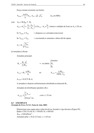 UNESP – Bauru/SP – Sapatas de Fundação 83
Força cortante resistente (ou limite):
ckA2A2
c
lim,d fdb
474,0
V ⋅ρ⋅⋅
γ
= (fck em MPa)
com: b2A = B1
3
h
h;c5,1
bA
hh
1dd 1
0A2
w1
01
1A2 ≥≤





−
−
−= (inteiro e múltiplo de 5cm) ou cm30h0 ≥
Se dAlim,d VV ≥ → dispensa–se a armadura transversal;
Se dAlim,d VV < → recomenda-se aumentar a altura útil da sapata;
lim,d
dA
1n
V
V
dd =
d) Armadura à flexão
Armadura principal:
A1f
2
11
c
M
dB
K
γ
⋅
= →





βx
sK
domínio
:tabelana
1
A1f
sA1,s
d
M
KA
γ
= ou
yd1
A1f
A1,s
fd85,0
M
A
⋅
γ
=
As,mín = 0,10 % B1 d1
A armadura é disposta uniformemente distribuída na dimensão B1 .
Armadura de distribuição (paralela à B1):





≥
m/cm9,0
A
5
1
A
2
A1,s
distr,s , com s ≤ 33 cm.
6.5 EXEMPLO 8
(Exemplo de Ferro, N.C.P., Notas de Aula, 2005)
Dimensionar uma sapata para o pilar da divisa, fazendo a viga alavanca (Figura 95).
Dados: C20; CA-50; N1 = 550 kN; N2 = 850 kN;
02,0solo =σ kN/cm2
;
Armadura pilar = 10 φ 12,5 mm ; c = 4,0 cm.
 