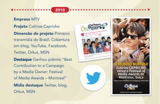 Empresa MTV
Projeto Colírios Capricho
Dimensão do projeto Primeiro
transmídia do Brasil. Cobertura
em blog, YouTube, Facebook,
Twitter, Orkut, MSN
Destaque Ganhou prêmio “Best
Contribution to a Campaign
by a Media Owner: Festival
of Media Awards – Montreal”
Mídia destaque Twitter, blog,
Orkut, MSN
2010
 