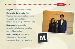 Projeto Tendências do Japão
Dimensão do projeto Aoki
Media é convidada pelo governo
do Japão para detectar
tendências e prospectar negócios
Destaque Selecionada
também pelo fato de trabalhar
com mídias sociais
Mídia destaque Whatsapp,
Whatsapp (!), Facebook,
Instagram, Snapchat, Medium
2015
 