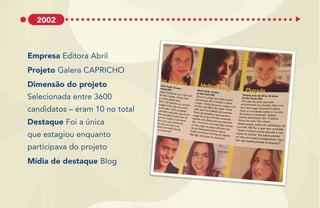 Empresa Editora Abril
Projeto Galera CAPRICHO
Dimensão do projeto
Selecionada entre 3600
candidatos – eram 10 no total
Destaque Foi a única
que estagiou enquanto
participava do projeto
Mídia de destaque Blog
2002
 