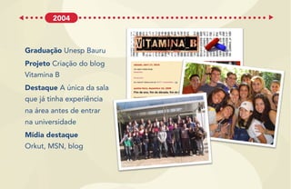 Graduação Unesp Bauru
Projeto Criação do blog
Vitamina B
Destaque A única da sala
que já tinha experiência
na área antes de entrar
na universidade
Mídia destaque
Orkut, MSN, blog
2004
 