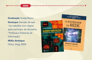 Graduação Unesp Bauru
Destaque Decisão de que
iria trabalhar com digital
após participar da disciplina
“Políticas e Sistemas da
Informação”
Mídia destaque
Orkut, blog, MSN
2006
 