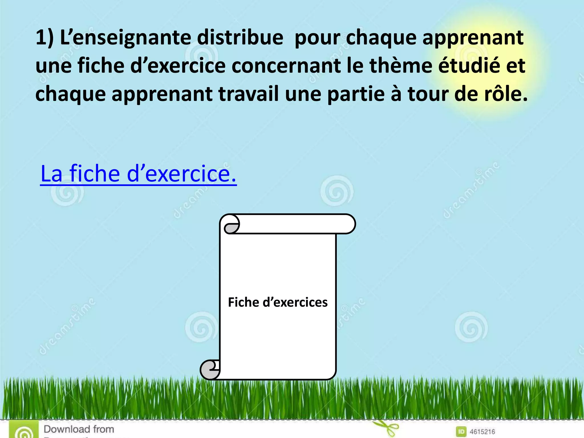 1) L’enseignante distribue pour chaque apprenant
une fiche d’exercice concernant le thème étudié et
chaque apprenant travail une partie à tour de rôle.
La fiche d’exercice.
Fiche d’exercices
 