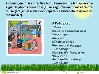 2- Ensuit, en utilisant l’active bord, l’enseignante fait apparaître
2 grands photos numérotés ,l’une s’agit d’un aéroport et l’autre
d’une gare ,et les élèves vont répéter ces vocabulaires (pour les
mémoriser).
À l’aéroport
1.l’avion
2.la porte d’embarquement
3.le passeport
4.le pilote
5.l’hôtesse de l’air
6.le carrousel à bagages
10.le passager
8.la carte d’embarquement
9.la piste de
décollage/d’atterrissage
10.la douane
 