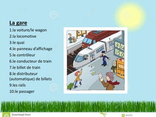 La gare
1.la voiture/le wagon
2.la locomotive
3.le quai
4.le panneau d’affichage
5.le contrôleur
6.le conducteur de train
7.le billet de train
8.le distributeur
(automatique) de billets
9.les rails
10.le passager
 