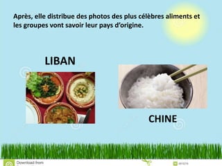 Après, elle distribue des photos des plus célèbres aliments et
les groupes vont savoir leur pays d’origine.
LIBAN
CHINE
 