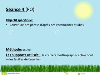 Séance 4 (PO)
Objectif spécifique:
• Construire des phrase d’après des vocabulaires étudies.
Méthode: active.
Les supports utilisés: les cahiers d’orthographe- active bord
– des feuilles de brouillon.
 