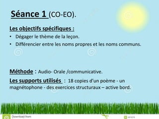 Séance 1 (CO-EO).
Les objectifs spécifiques :
• Dégager le thème de la leçon.
• Différencier entre les noms propres et les noms communs.
Méthode : Audio- Orale /communicative.
Les supports utilisés : 18 copies d’un poème - un
magnétophone - des exercices structuraux – active bord.
 