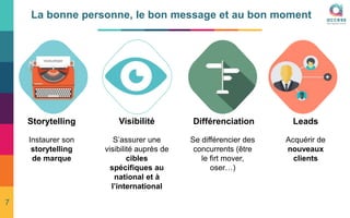 La bonne personne, le bon message et au bon moment
Storytelling Visibilité Différenciation Leads
Instaurer son
storytelling
de marque
S’assurer une
visibilité auprès de
cibles
spécifiques au
national et à
l’international
Se différencier des
concurrents (être
le firt mover,
oser…)
Acquérir de
nouveaux
clients
7
 