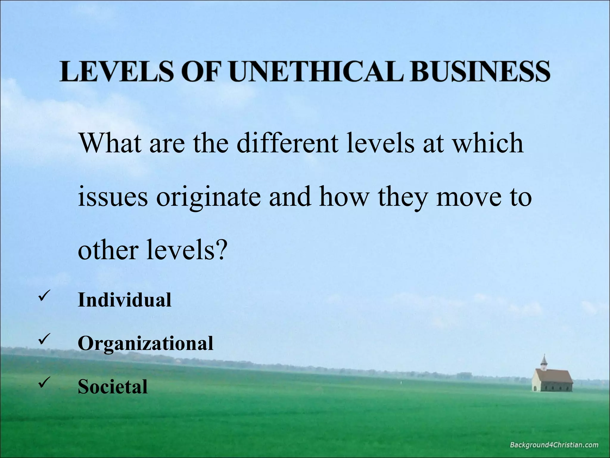 What are the different levels at which
issues originate and how they move to
other levels?


Individual



Organizational



Societal

 