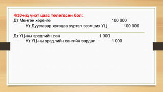 4/30-нд үнэт цаас төлөгдсөн бол:
Дт Мөнгөн хөрөнгө 100 000
Кт Дуусгавар хугацаа хүртэл эзэмших ҮЦ 100 000
Дт ҮЦ-ны эрсдлийн сан 1 000
Кт ҮЦ-ны эрсдлийн сангийн зардал 1 000
 