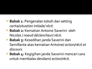 Babak 1 : Pengenalan tokoh dan setting cerita/ situation initiale/ récit. Babak 2:  Kematian Antoine Saverini  oleh Nicolas   /  noeud déclencheur /  récit. Babak 3:  Kesedihan janda Saverini dan Semillante atas kematian Antoine/  action/ récit et discours. Babak 4:  Kegigihan janda Savorini mencari cara untuk membalas dendam/  action/ récit. 
