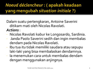 Dalam suatu pertengkaran, Antoine Saverini ditikam mati oleh Nicolas Ravolati. Actions   : Nicolas Ravolati kabur ke Longosardo, Sardinia. Janda Paolo Saverini sedih dan ingin membalas dendam pada Nicolas Ravolati. Ibu tua itu tidak memiliki saudara atau sepupu laki-laki yang bisa membalaskan dendamnya. Ia menemukan cara untuk membalas dendam dengan menggunakan anjingnya. TEORI SASTRA PRANCIS FIB-UGM 2011 