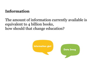 Information 
The amount of information currently available is 
equivalent to 4 billion books, 
how should that change education? 
! 
 