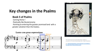 Key changes in the Psalms
Book 5 of Psalms
Coming Home !
Poetically like Deuteronomy
Pointing to entering the greater promised land with a
greater salvation than the Exodus.
The myriad uses of musical dissonance: above, a
caricature of Arnold SchoenbergCredit...Ralph Steadman
See Musical Dissonance, From Schumann to Sondheim -
The New York Times (nytimes.com)
 